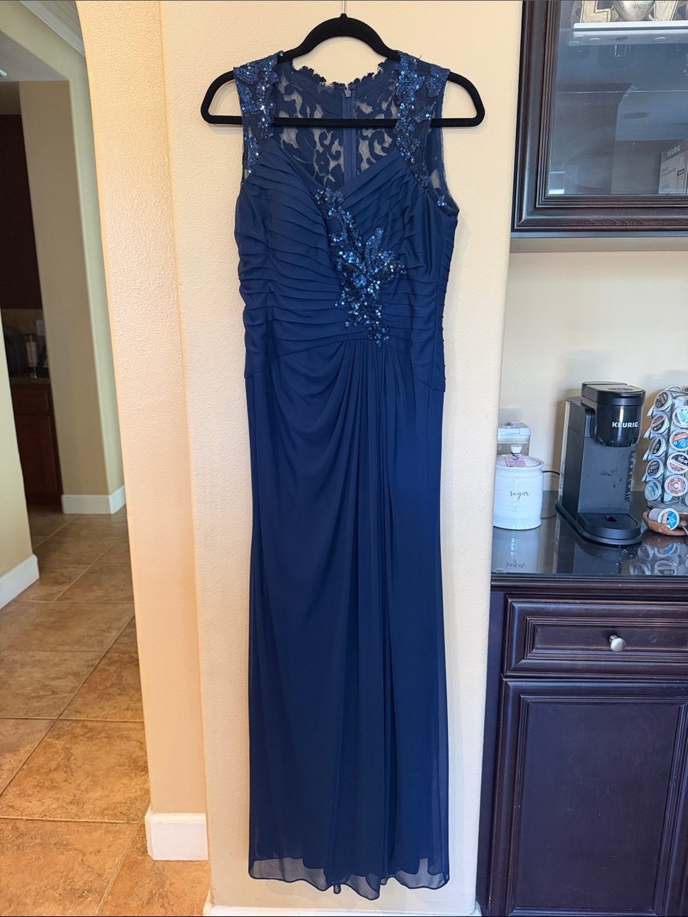 Navy Blue Sleeveless Maxi Dress with Lace and Sequin Accents